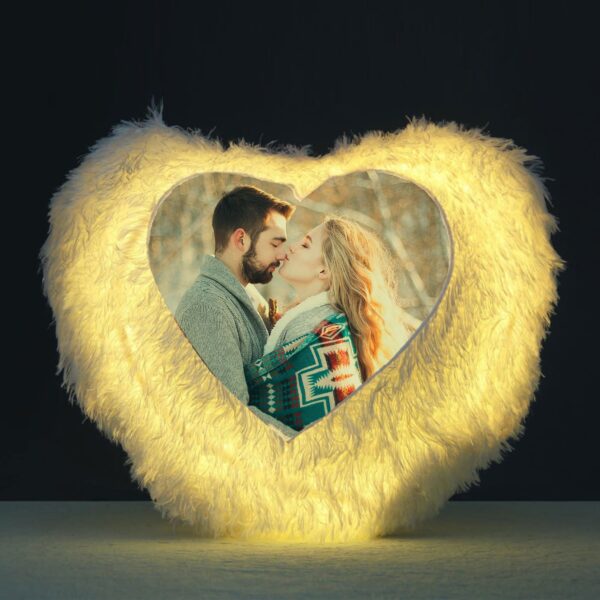 Heart Shape Personalized Photo Printed LED Fur Cushion (Without Remote)