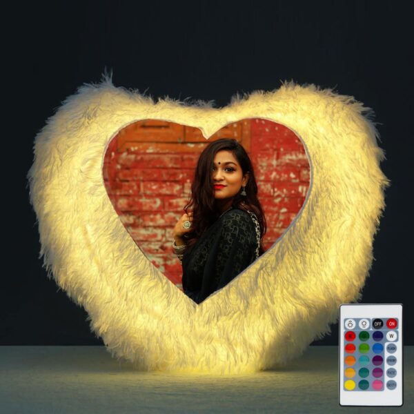 Heart Shape Personalized Photo Printed LED Fur Cushion (With Remote)