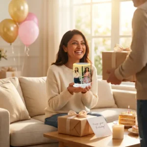 A bright indoor birthday celebration scene where a smiling South Asian woman sits on a beige sofa, happily receiving a gift. She is holding the cylindrical Upahar18 personalized photo printed touch LED bluetooth speaker in both hands, which prominently displays a colorful custom photo printed image of two women on its glowing body. On the wooden coffee table in front of her sits a wrapped gift box, a birthday card that reads 'Happy your Birthday!', a burning candle, and a slice of birthday cake. On the right, a man stands holding out another gift box toward her, while gold and pink balloons float in the warm, sunlit background.