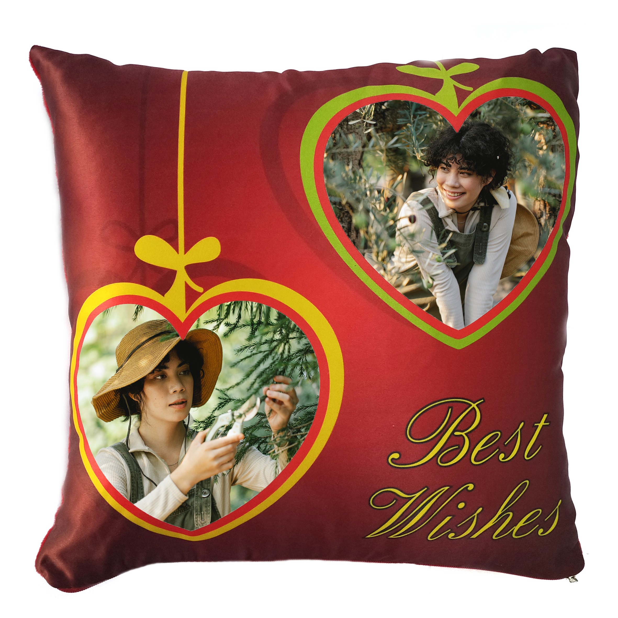 Square Shape Personalized Photo Printed Cushion (Best Wishes with Two Big Heart Design Pre Printed)