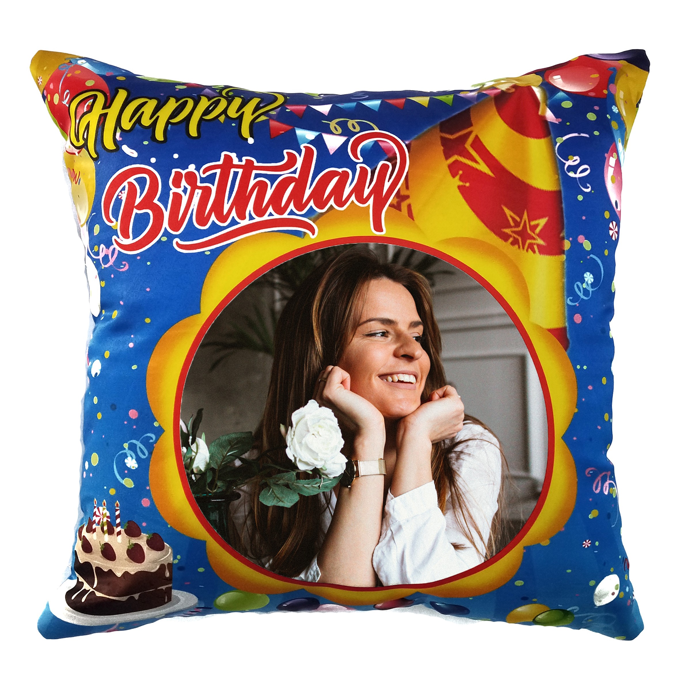 Square Shape Personalized Photo Printed Cushion (Happy Birthday Design Pre Printed)