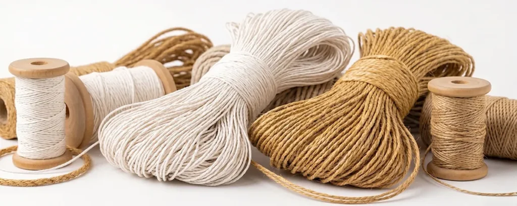 Premium natural jute and white cotton ropes on wooden spools used for handcrafted Rope Craft portraits by Upahar18.