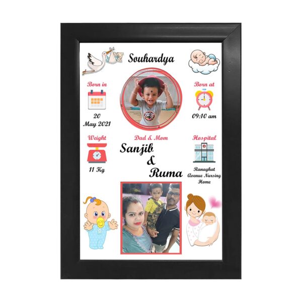 Personalized Baby Birth Details Photo Wooden Classic Frame - Black Colour, 8"x12" Frame (Design 01)