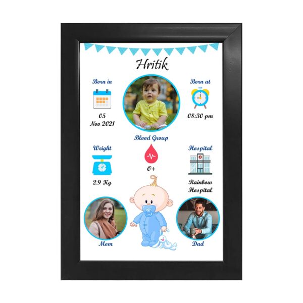 Personalized Baby Birth Details Photo Wooden Classic Frame (type-03) - Black Colour Frame