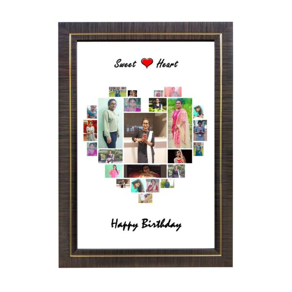 Heart Shaped Photo Collage Wooden Classic Frame (with 25 Photos)  - Black Colour With Golden Strips Designed, 8"x12"x1" Frame