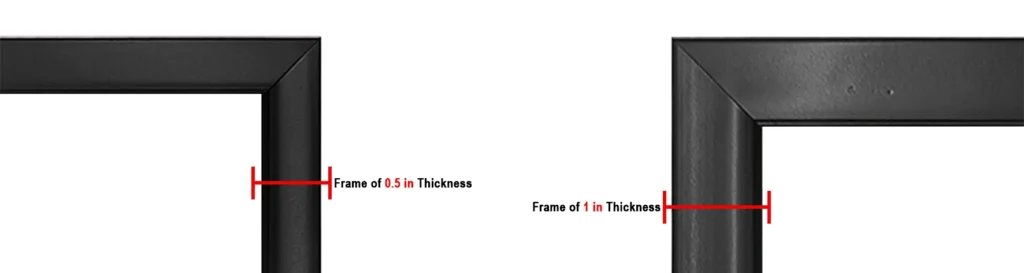 Upahar18 customized classic photo frame border thickness comparison chart showing 0.5 inch and 1 inch black wooden frame profile specifications