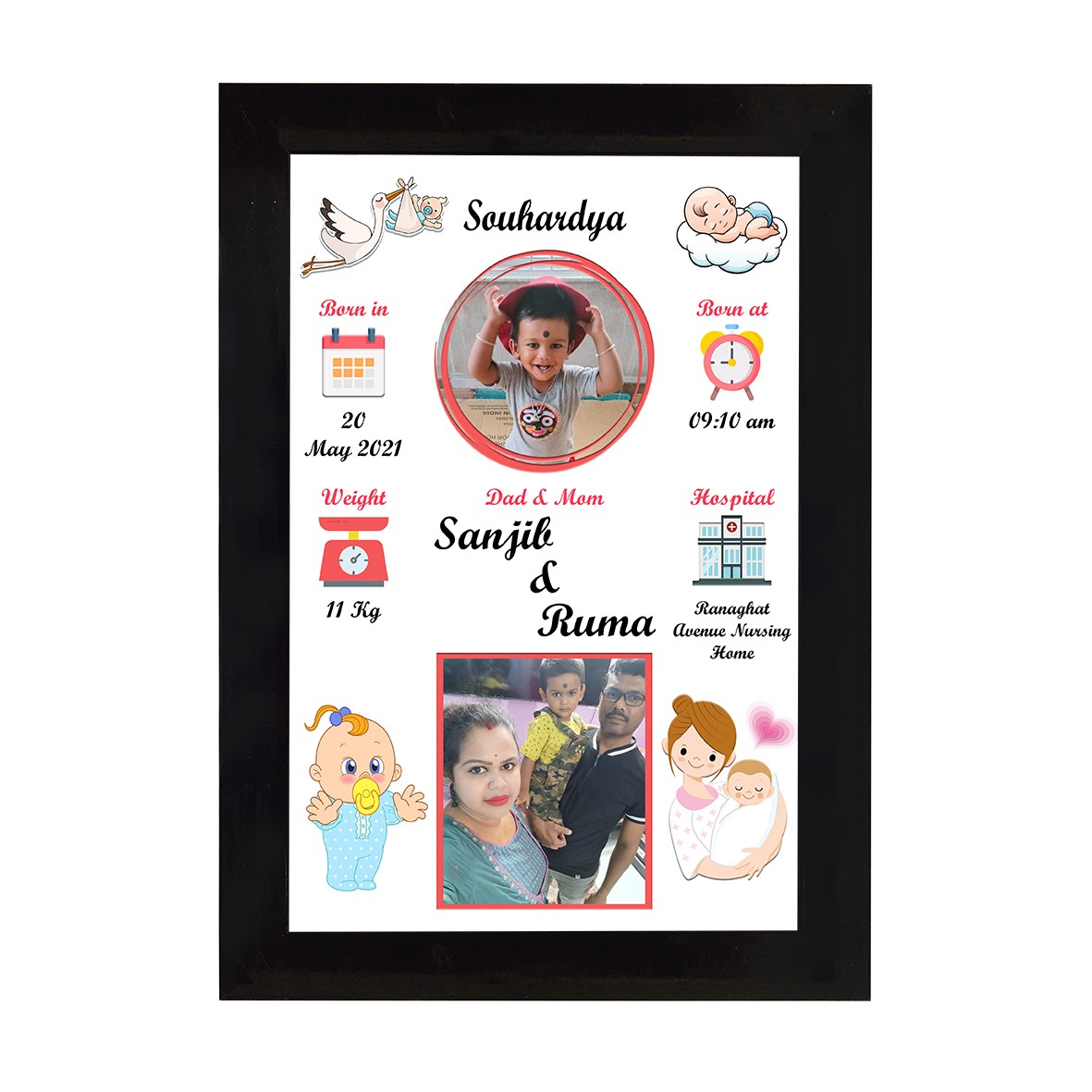 Baby Birth Details Photo Wooden Classic Frame (type-01)  - Black Colour, 8"x12"x1" Frame