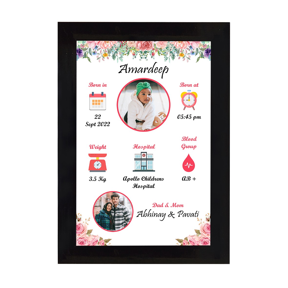 Baby Birth Details Photo Wooden Classic Frame (type-02)  - Black Colour, 8"x12"x1" Frame