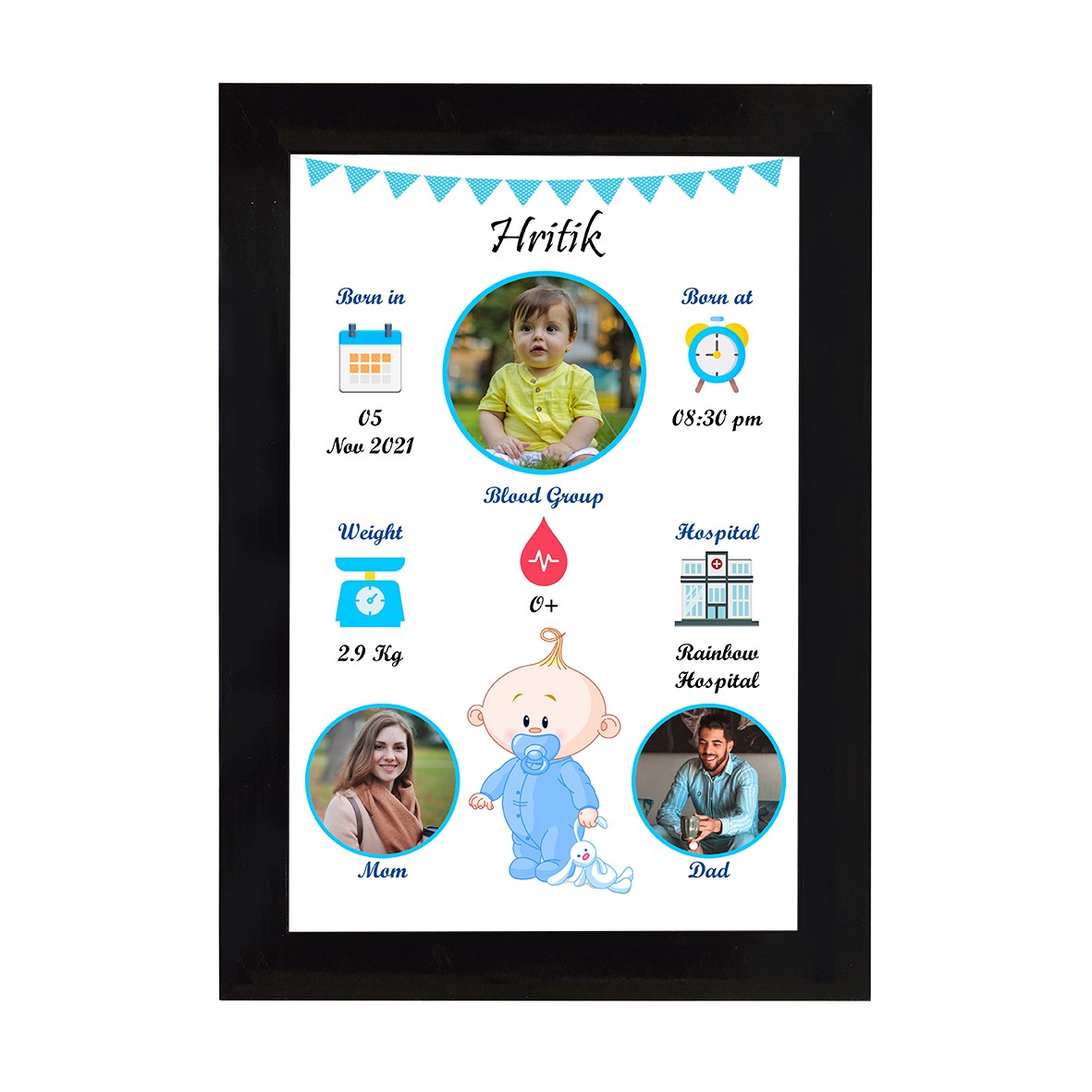 Baby Birth Details Photo Wooden Classic Frame (type-03)  - Black Colour, 8"x12"x1" Frame