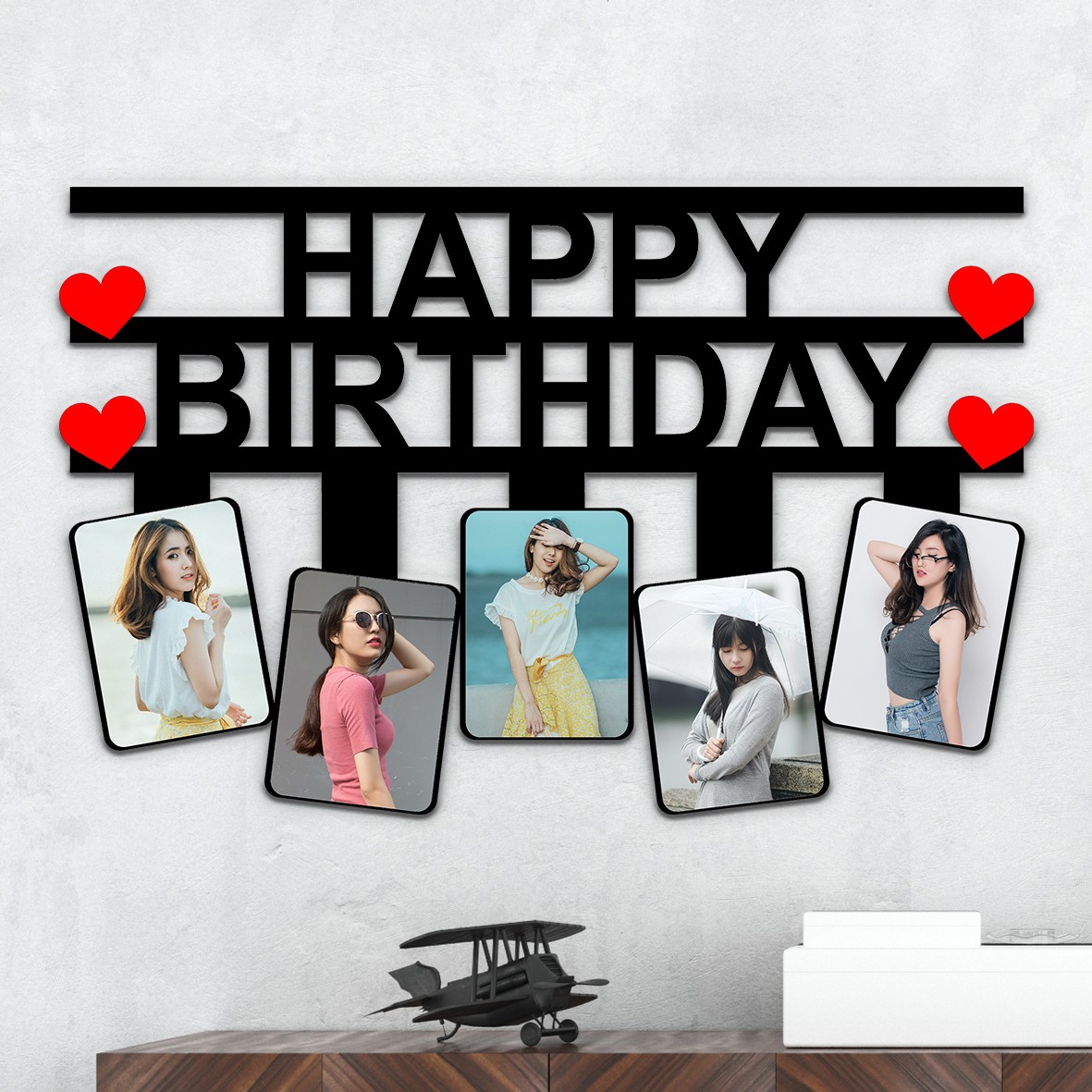 Happy Birthday Personalized 5 Photos Collage Wall  Frame - 17"x11"x0.5" Frame