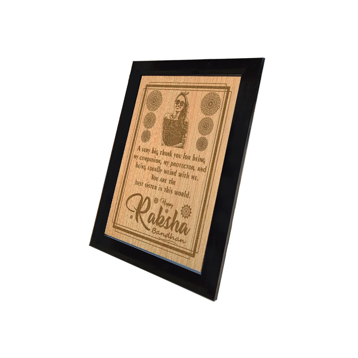Raksha Bandhan Wish Engraved Wooden Frame - Black Colour, 6"x8"x1" Frame - Image 2