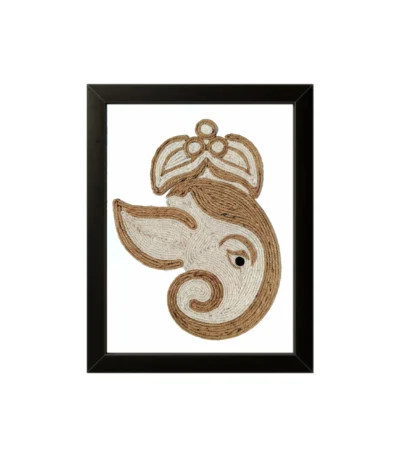 An artistic side-profile face rope craft portrait of Lord Ganesha wearing a beautiful crown, handcrafted using natural brown jute and cream-white threads, enclosed in a premium black frame.
