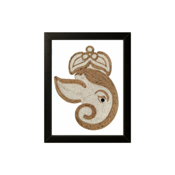 An artistic side-profile face rope craft portrait of Lord Ganesha wearing a beautiful crown, handcrafted using natural brown jute and cream-white threads, enclosed in a premium black frame.