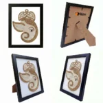 A 4-in-1 product display collage of a Lord Ganesha rope craft portrait frame, showing its front view, different side angles, and the sturdy back stand mechanism with a logo.