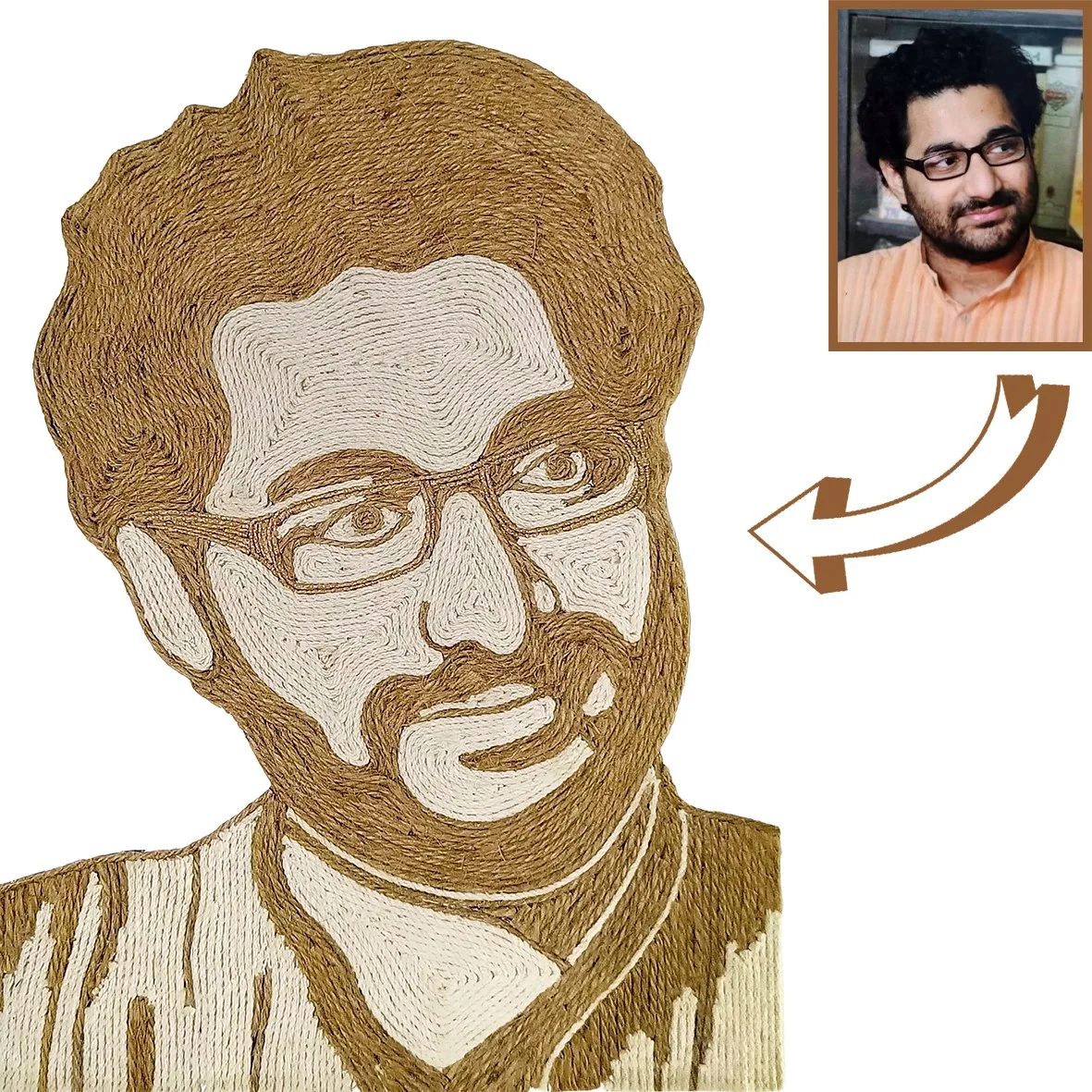 Personalized rope portrait of a man with glasses, crafted from cotton and jute rope on a white background, handmade by Upahar18