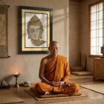 Goutam Buddha Rope Craft Portrait Frame by Upahar18 hanging in a serene meditation room with a monk in deep prayer.