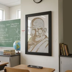 Upahar18 Mahatma Gandhi Rope Craft Portrait Frame hanging on a prominent school classroom wall next to a green chalkboard showing Indian Independence Movement notes.