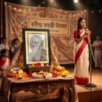 Upahar18 Rabindranath Thakur Rope Craft Portrait Frame decorated with marigold garlands on a table during a Rabindra Jayanti cultural program with a girl singing on stage.