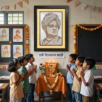 Upahar18 Swami Vivekananda Rope Craft Portrait Frame mounted on a classroom wall as school children stand with folded hands praying during Vivekananda Jayanti.