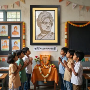 Upahar18 Swami Vivekananda Rope Craft Portrait Frame mounted on a classroom wall as school children stand with folded hands praying during Vivekananda Jayanti.