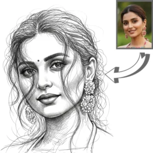 A traditional handmade graphite pencil sketch portrait of a woman next to her original photo.
