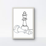 Handmade chess rope art showing a standing and fallen king in a white 9x13 frame on a white wall.