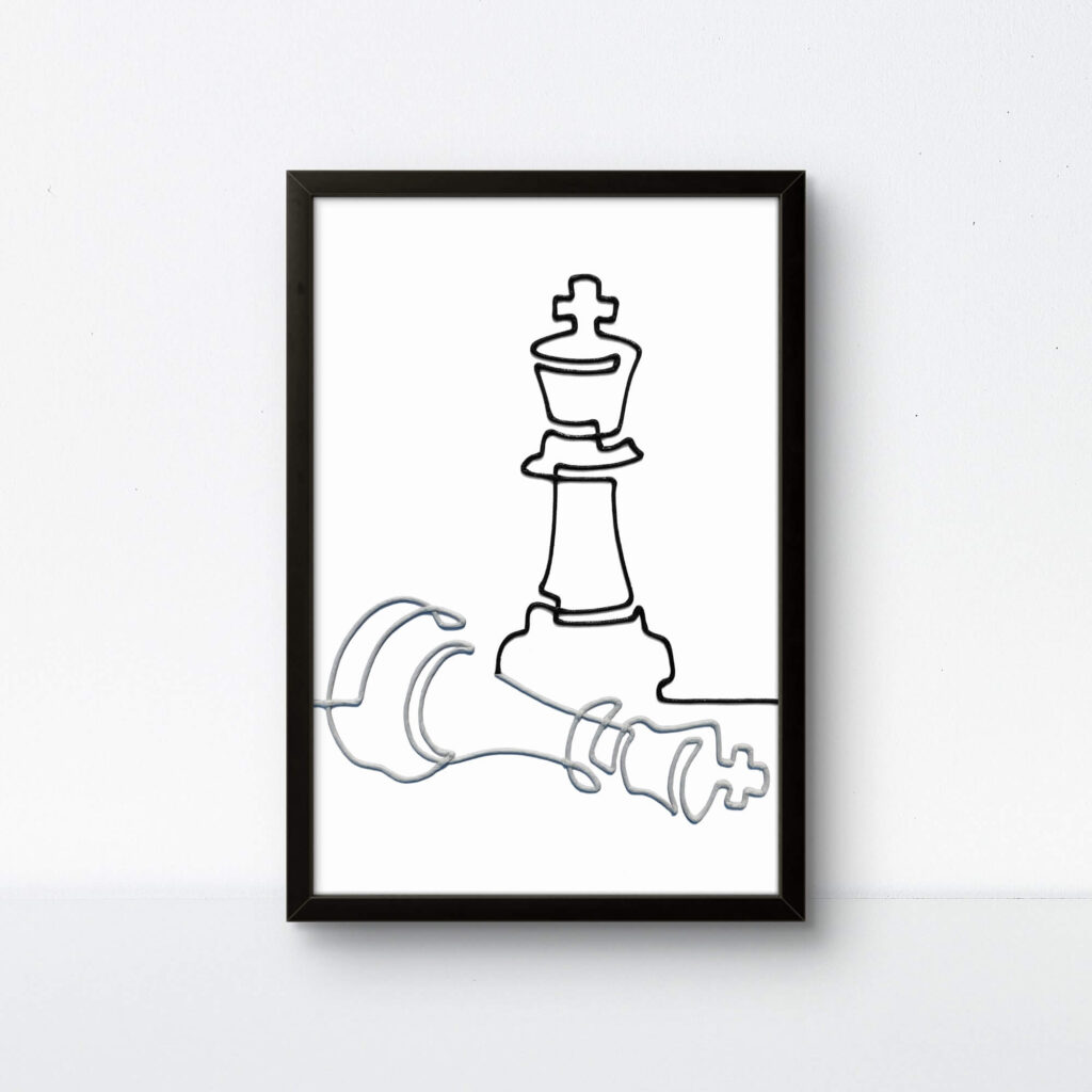Black framed handmade string art of chess pieces using mixed black and white rope on a white background.