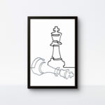 Black framed handmade string art of chess pieces using mixed black and white rope on a white background.