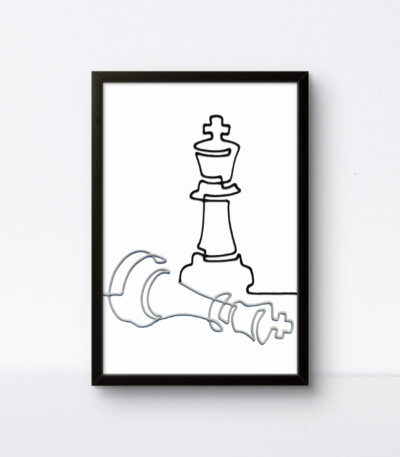 Black framed handmade string art of chess pieces using mixed black and white rope on a white background.