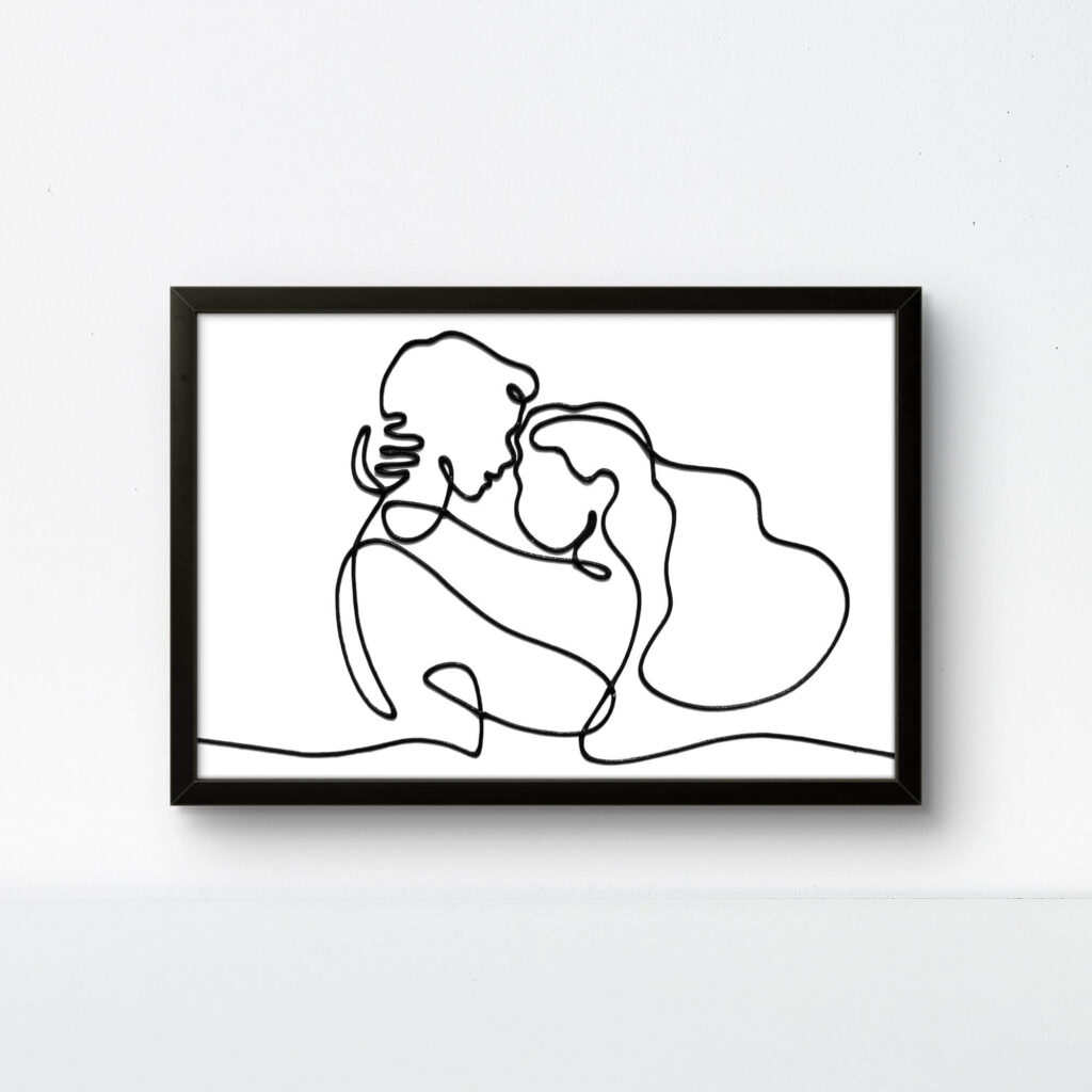 Black framed handmade rope art silhouette of a couple, minimalist eco-friendly art.