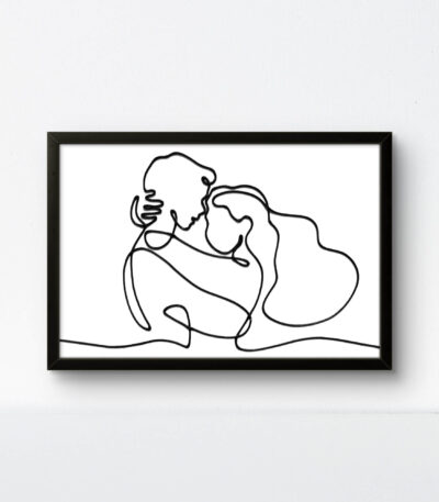 Black framed handmade rope art silhouette of a couple, minimalist eco-friendly art.