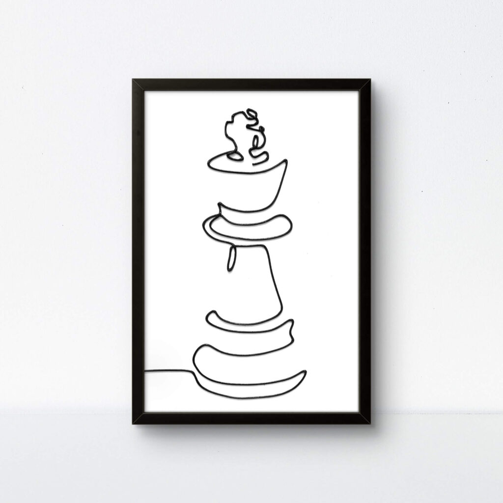 Minimalist Chess King handmade one rope art in a black frame with a white background.