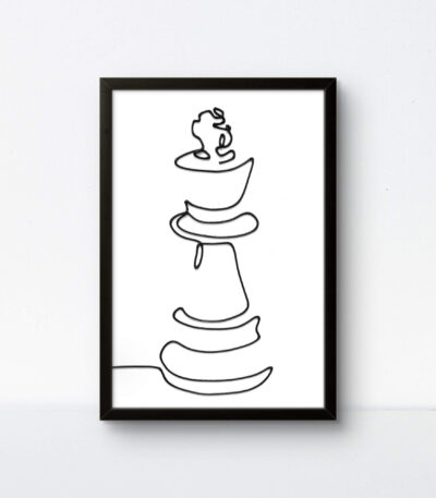 Minimalist Chess King handmade one rope art in a black frame with a white background.