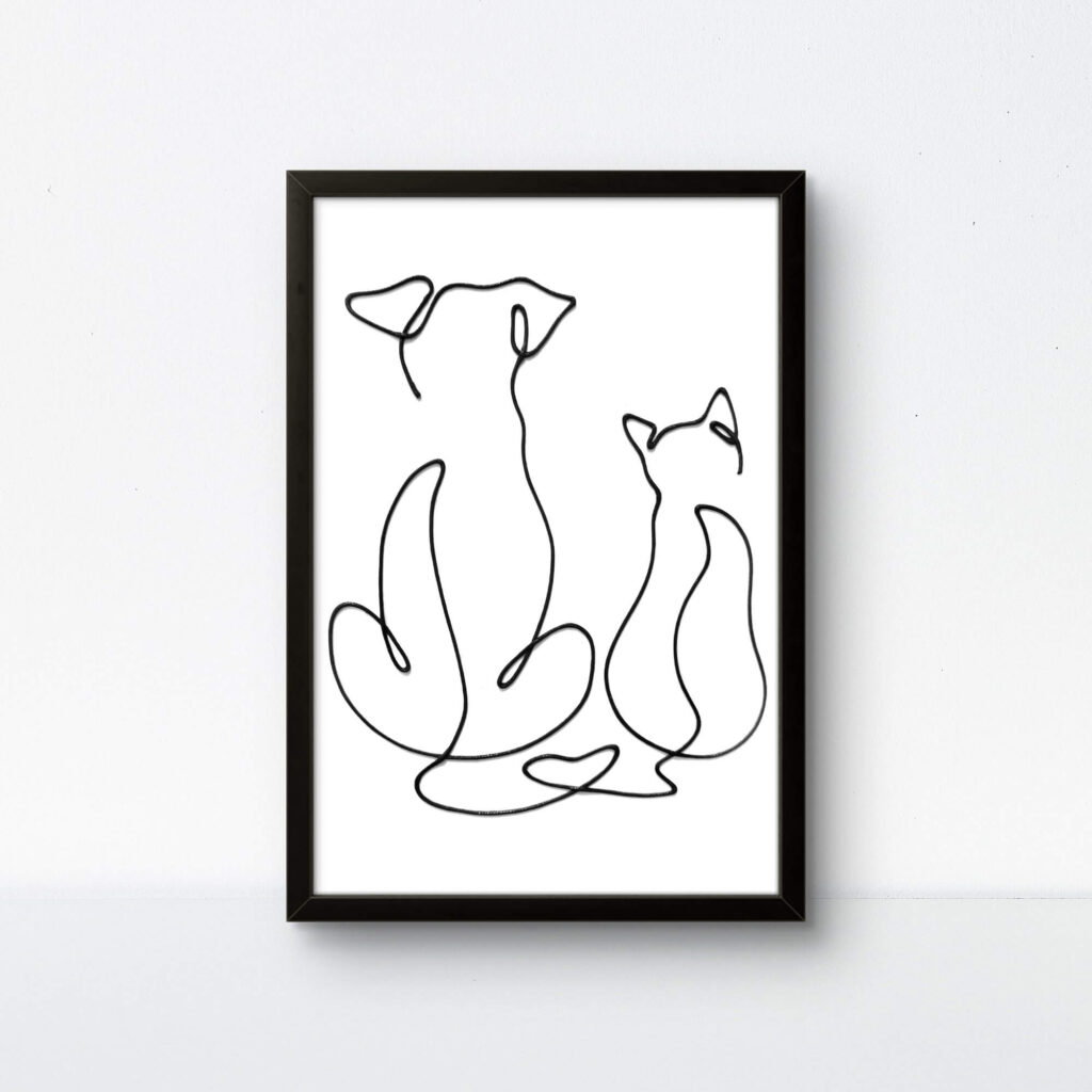 One-rope art of a cat and dog in a black 9x13 frame, high-contrast handmade wall decor for pet lovers.