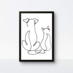One-rope art of a cat and dog in a black 9x13 frame, high-contrast handmade wall decor for pet lovers.