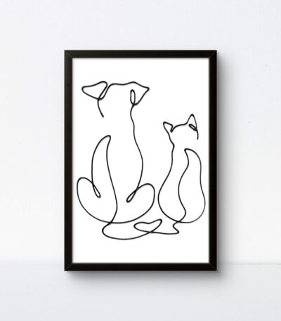 One-rope art of a cat and dog in a black 9x13 frame, high-contrast handmade wall decor for pet lovers.
