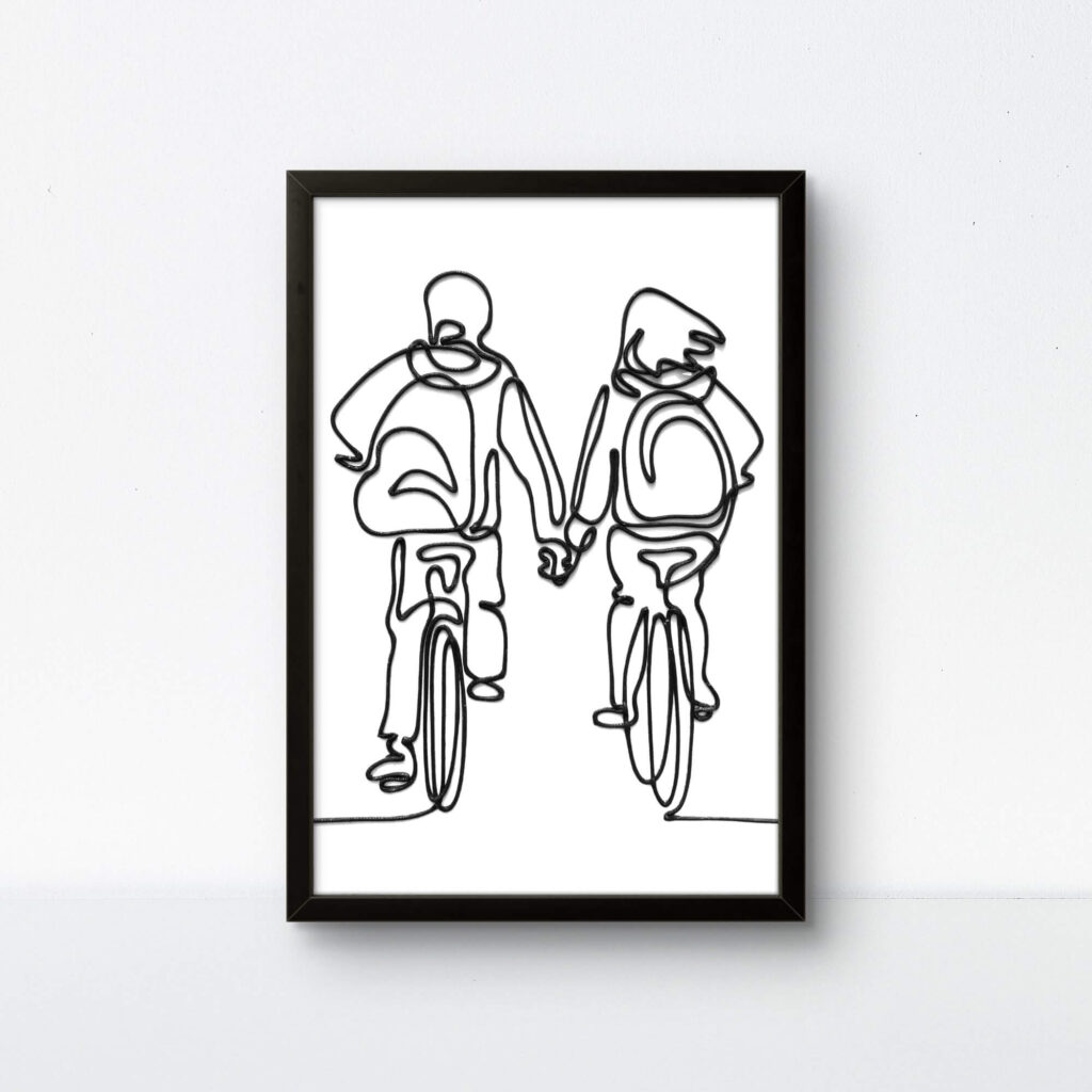 Minimalist couple cycling rope wall art with a bold black border.