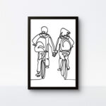 Minimalist couple cycling rope wall art with a bold black border.