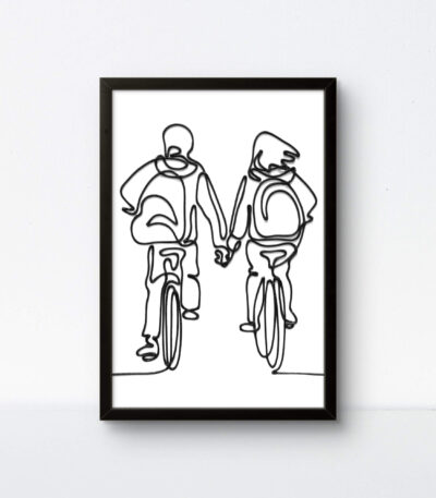 Minimalist couple cycling rope wall art with a bold black border.