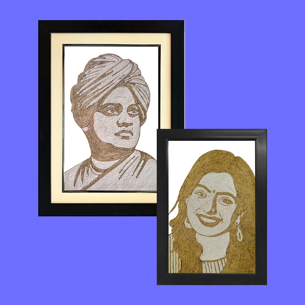 Two handcrafted rope portraits in black frames – one of Swami Vivekananda and another of a smiling woman, set against a blue background.