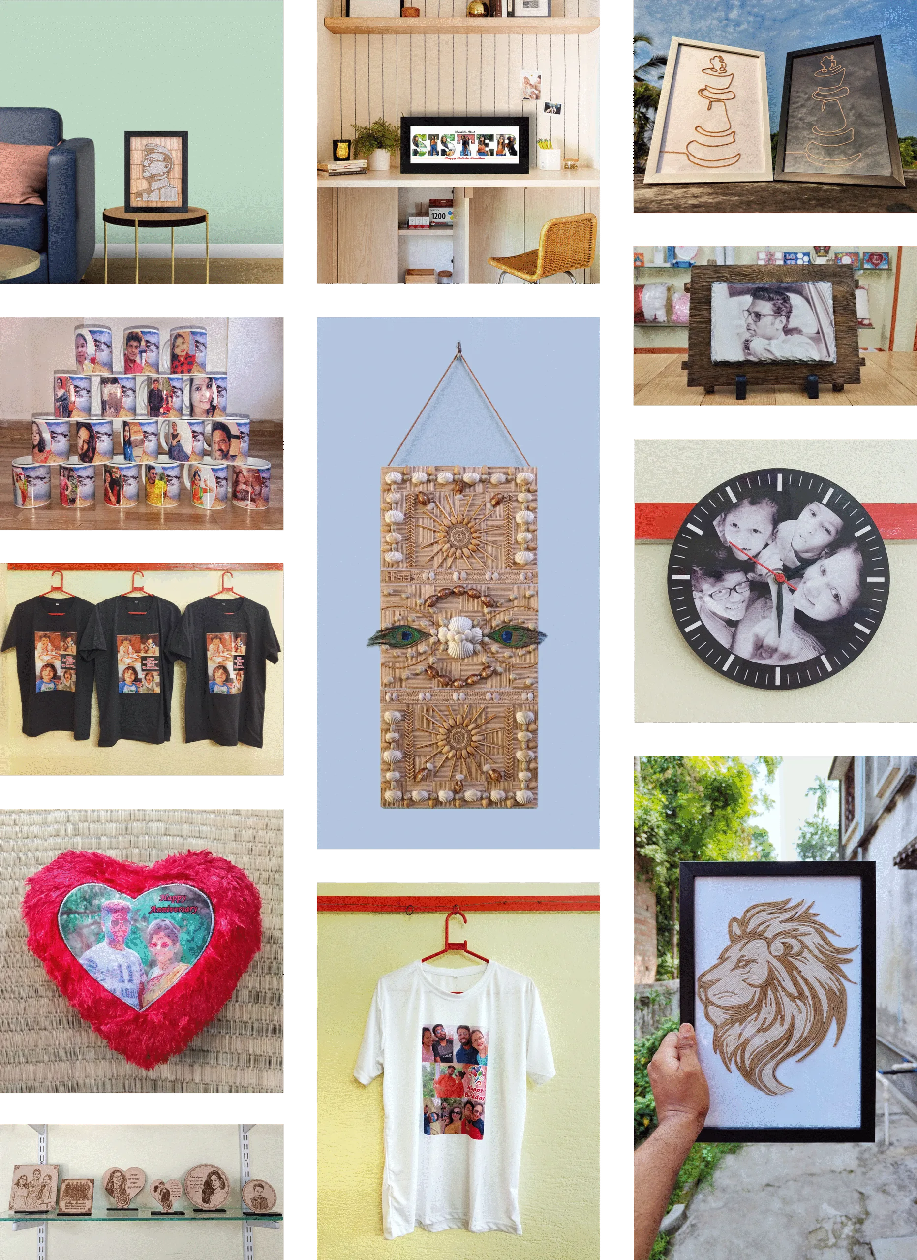 A collage-style display featuring various personalized gift items including rope art frames, custom mugs, photo T-shirts, slate frames, engraved wood plaques, photo cushions, clocks, and wall hangings arranged in a visually appealing layout.
