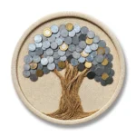Front studio view of Coin Tree Of Prosperity Handcrafted Round Wall Decor on a solid white background showing real Indian coins arranged as a tree canopy on an off-white rope base.