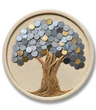 Front studio view of Coin Tree Of Prosperity Handcrafted Round Wall Decor on a solid white background showing real Indian coins arranged as a tree canopy on an off-white rope base.