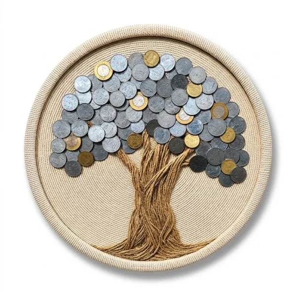 Front studio view of Coin Tree Of Prosperity Handcrafted Round Wall Decor on a solid white background showing real Indian coins arranged as a tree canopy on an off-white rope base.