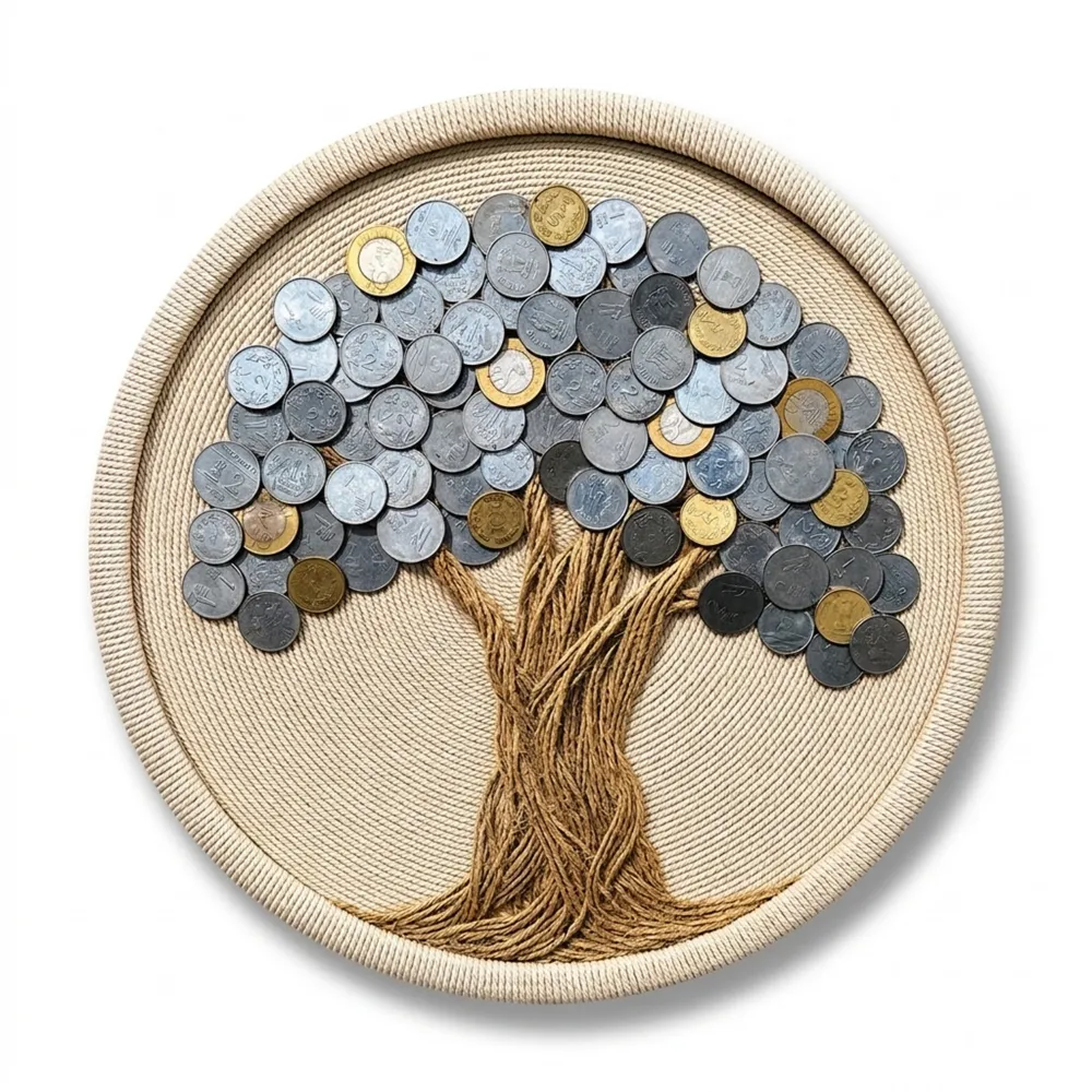 Front studio view of Coin Tree Of Prosperity Handcrafted Round Wall Decor on a solid white background showing real Indian coins arranged as a tree canopy on an off-white rope base.