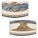Close-up macro shots of Coin Tree Of Prosperity Wall Decor showing layered authentic coins and the detailed texture of hand-twisted natural jute fibers forming the trunk.