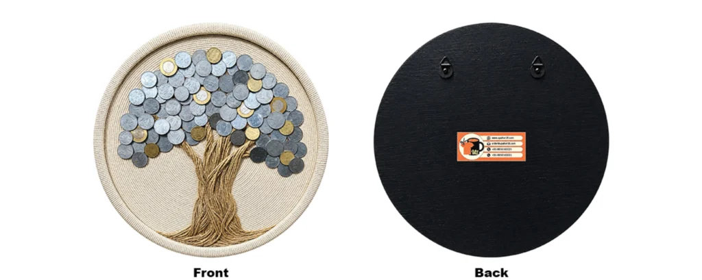 Front and back product comparison of the Coin Tree Of Prosperity Round Medallion showing the dual hanging brackets and the official orange Upahar18 branding sticker.