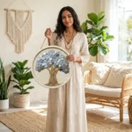 A woman holding the large Coin Tree Of Prosperity Handcrafted Round Wall Decor to demonstrate its scale and real-world proportions in a well-lit studio.