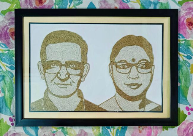 Framed handcrafted double portrait made entirely with jute rope, depicting an elderly man and woman wearing glasses, placed against a floral backdrop.