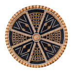 A circular handmade wall hanging titled "Dhono Dhanno", crafted using paddy seeds, lentils, wooden beads, and jute thread on a black cotton rope and MDF board base, in a symmetric mandala pattern.